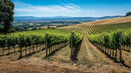 Obraz premium Vineyard Rows Under Sunny Skies, Wine Country Landscape, Wine Growing