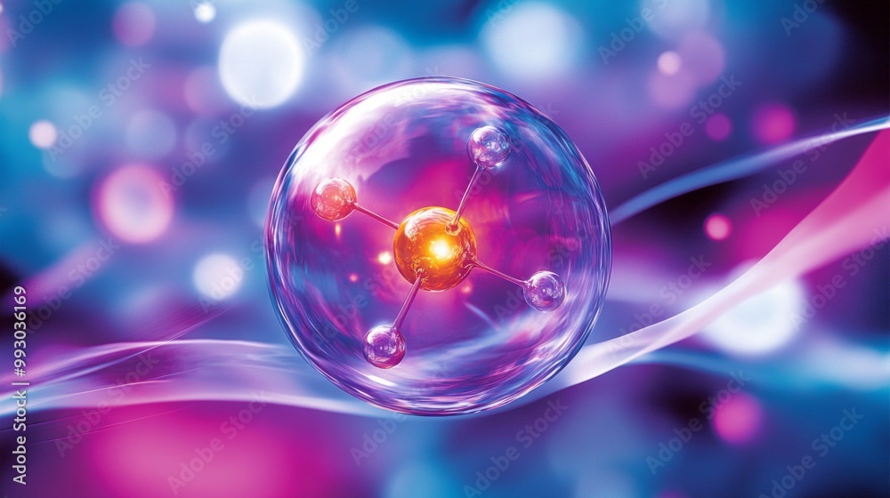 Poster exploring quantum mechanics in chemistry with wave-particle duality of electrons within molecular st