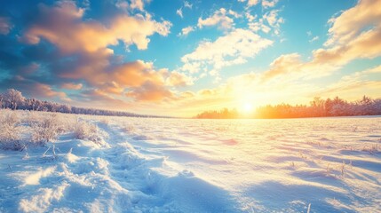Obraz premium Winter Sunrise Over a Pristine Snowy Field