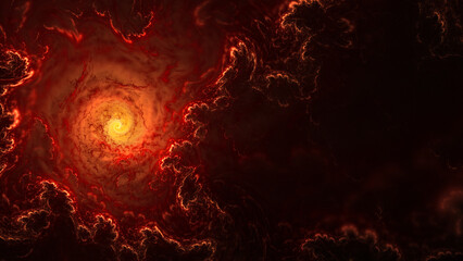 Fiery storm, vortex, explosion or nebula. Abstract fractal art background with copy space.