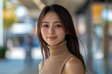 Beautiful woman in her late thirties, wearing a sleeveless turtleneck sweater.