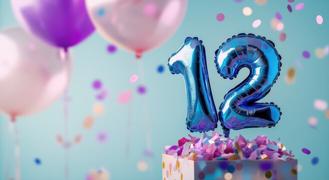 Festive scene with blue and pink balloon bouquet birthday cake with number 12 candles and colorful confetti backdrop for a 12th birthday party or special anniversary event