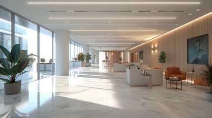 Obraz premium Modern office interior, open floor plan, spacious. Generative AI.