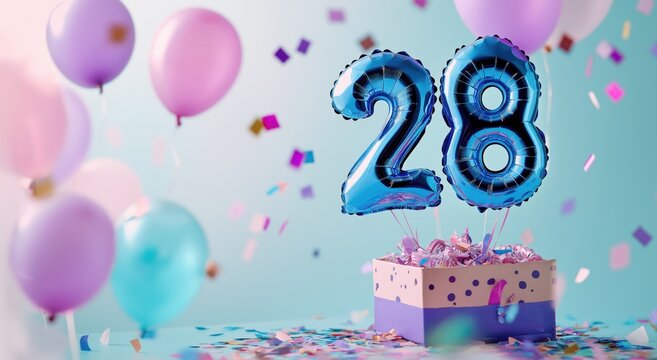 Vibrant and festive birthday party with colorful balloons confetti and a decorated cake with 28 candles on a pastel background