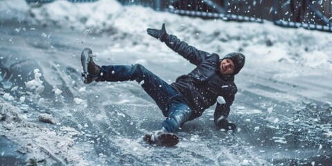 A man is falling on the ice and snow