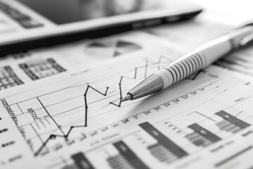 Business Charts and Financial Analysis with Pen and Laptop on Desk