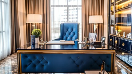 Modern Office Desk with Blue Chair and Gold Accents