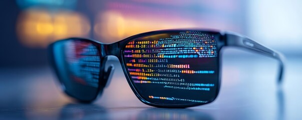 Glasses reflecting vibrant code on a screen, emphasizing the fusion of technology, coding, and the digital world in a futuristic context