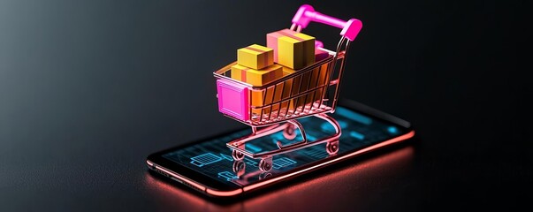 A glowing shopping cart filled with colorful boxes emerging from a smartphone screen, symbolizing mobile e-commerce with futuristic neon lighting