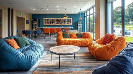 Modern Lounge Area with Colorful Furniture and a View