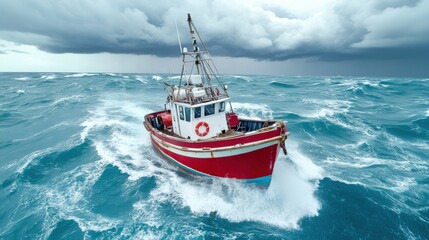 Naklejka premium Fishing Boat Braving Stormy Seas in Turbulent Waters