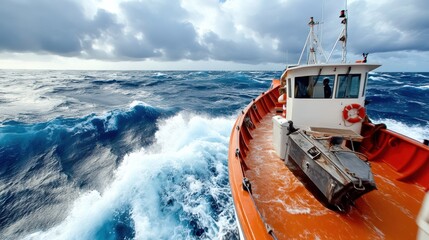 Obraz premium Vibrant Waves Surrounding a Fishing Boat at Sea