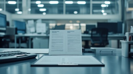 A modern office workspace with documents, a keyboard, and computer screens in the background.