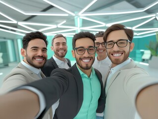 Obraz premium Corporate team selfie, virtual meeting backdrop, 3D cartoon style, hybrid work environment, tech-savvy and vibrant, 3D illustration