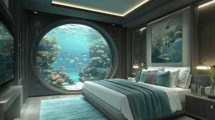 Fototapeta premium Stylish oceanic suite with a glass dome providing an unobstructed view of a serene underwater world and swimming fish