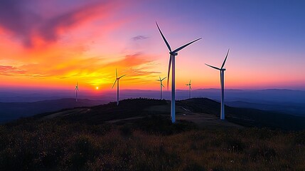 A peaceful evening with wind turbines turning slowly on a hill, silhouetted against the rich colors of a sunset sky, blending hues of orange, pink, and purple across the horizon.