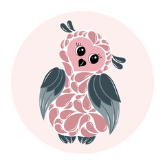 Cute owl bird on pink background. Flat illustration for kids