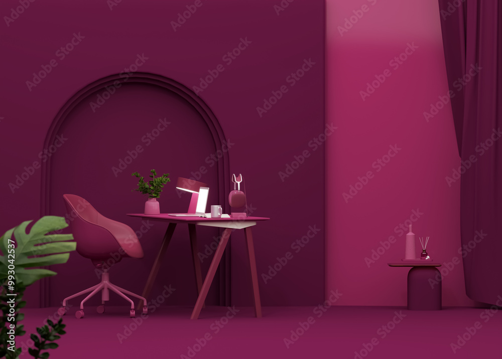 Wall mural minimal office table desk on viva magenta background. minimal idea concept for study desk, lamp, pla