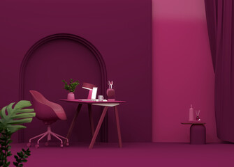 Minimal office table desk on viva magenta background. Minimal idea concept for study desk, lamp, plant vase and workspace. Work from home office.	
