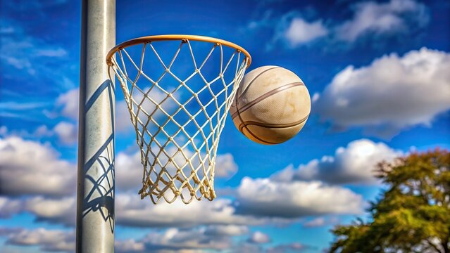 game, victory, athleticism, player, competition, match, equipment, recreational, team, ball, sport, play, shot, A medium shot of a netball post with a ball about to go through the net