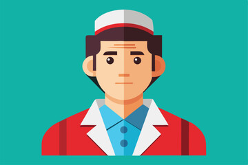 A young man is depicted in a retro diner uniform, featuring a cap and red jacket, on a teal backdrop, Customizable Semi Flat Illustration Stay