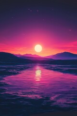 Glowing Sunset Over Desolate Landscape in Synthwave Style