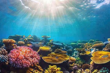 Naklejka premium Colorful Underwater Coral Reef with Tropical Fish and Sun Rays