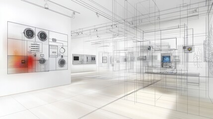 Technical drawing of a sophisticated security system for a high-value art gallery, including sensor placements and control rooms