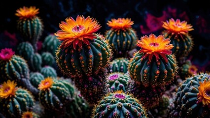 Beautiful psychedelic art illustration of entheogenic flowering Peyote cactuses against the dark background. Vibrant Lophophora williamsii trippy psychoactive psy trance illustration artwork.