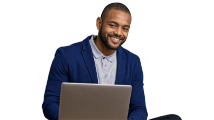 Confident Man Smiling with Laptop on Transparent Background – Isolated Business Image