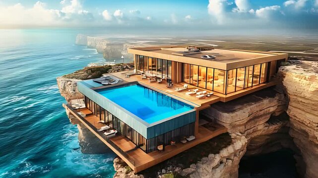 Luxury cliffside villa with infinity pool, stunning oceanfront view, modern architectural design, exclusive coastal retreat.