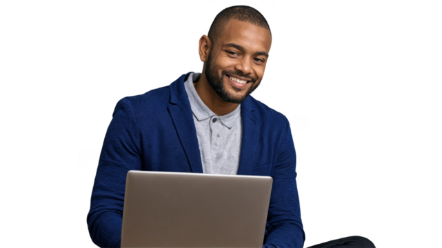 Confident Man Smiling with Laptop on Transparent Background – Isolated Business Image
