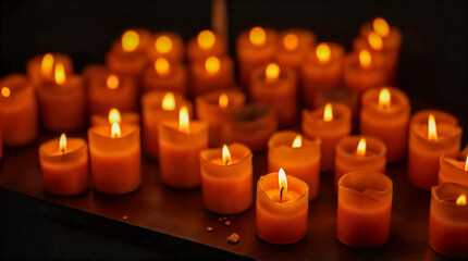 Primo piano di candele votive accese, che creano un'atmosfera intima e spirituale con la loro luce calda