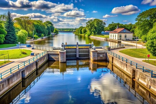 summer, engineering, navigation, water lock, metal, flowing water, tourism, view, landmark, structure, nature, Panoramic view of Lock Number Four on Fox River in Appleton Wisconsin