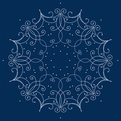 Elegant white mandala on dark blue background. Christmas lacy snowflake. Winter design element of curved lines. Ornate elegance ornament.. Frost pattern on the window. Lacy classic vintage design.