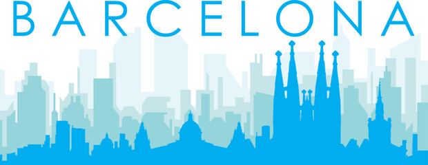 Blue panoramic city skyline poster with bluish misty transparent background buildings of BARCELONA, SPAIN