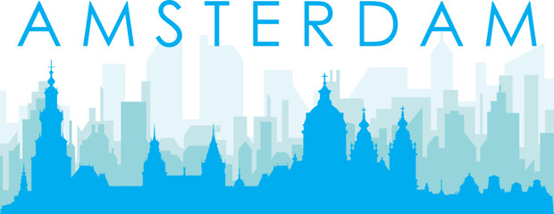 Obraz premium Blue panoramic city skyline poster with bluish misty transparent background buildings of AMSTERDAM, NETHERLANDS