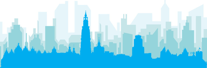 Blue panoramic city skyline poster with bluish misty transparent background buildings of ANTWERP, BELGIUM