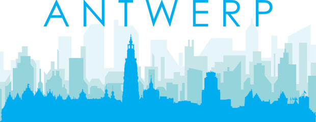 Obraz premium Blue panoramic city skyline poster with bluish misty transparent background buildings of ANTWERP, BELGIUM