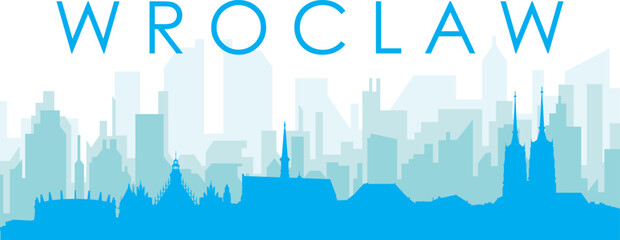 Obraz premium Blue panoramic city skyline poster with bluish misty transparent background buildings of WROCLAW, POLAND