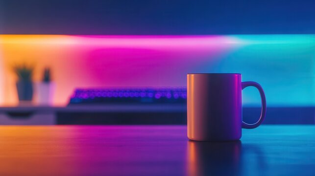 Gaming Haven, a vibrant setup featuring a colorful RGB-lit room, with a coffee mug at the center, creating a cozy atmosphere for immersive gaming experiences.