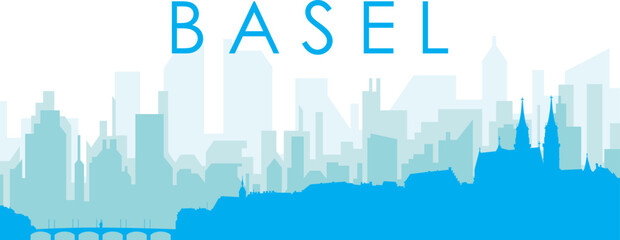 Obraz premium Blue panoramic city skyline poster with bluish misty transparent background buildings of BASEL, SWITZERLAND