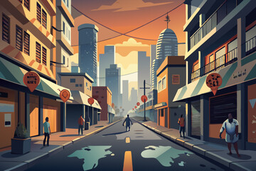 Obraz premium Sunset Ambiance in a Bustling Urban Street