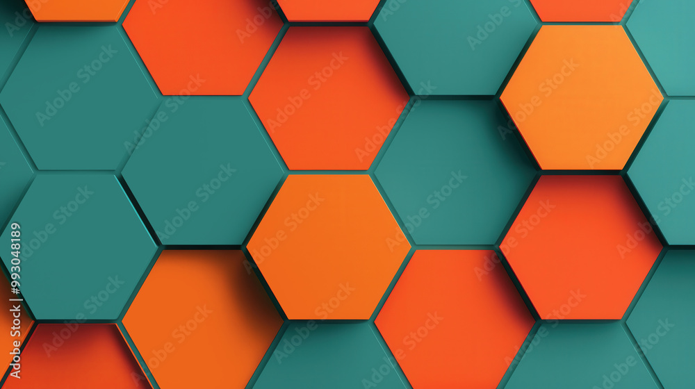 Wall mural interlocking hexagonal shapes, vibrant 3d abstract design, smooth lines and surfaces, engaging visua