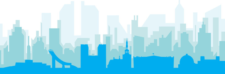 Blue panoramic city skyline poster with bluish misty transparent background buildings of OSLO, NORWAY