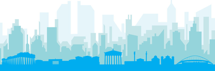 Fototapeta premium Blue panoramic city skyline poster with bluish misty transparent background buildings of ATHENS, GREECE