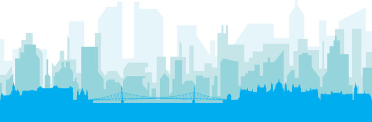 Fototapeta premium Blue panoramic city skyline poster with bluish misty transparent background buildings of BUDAPEST, HUNGARY