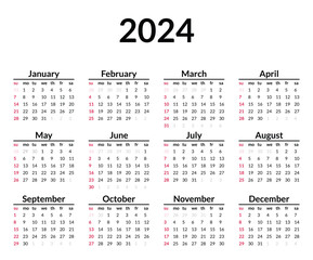 2024 calendar. Week starts on Sunday. Simple calendar layout. Yearly diary. Minimal stationery template with 12 months, in English. Pocket or wall formats