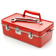 one single red toolbox with tools isolated on white background  