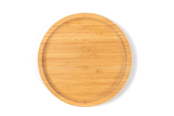 Top view of empty round bamboo plate isolated on white background